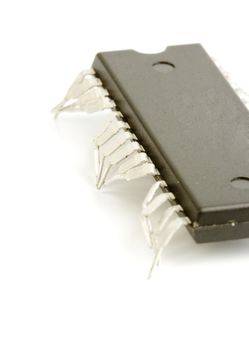 technology isolated computer electronic chip on white background with its pins as legs of a live worm