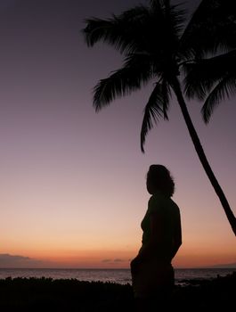 Silhouetted tourist under a palm tree in a warm tropical sunset on Maui, Hawaii.