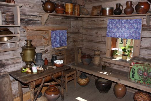 samovar, eggs, kitchen, table, jug, clay, room, onions, garlic, wooden, house, walls, bars