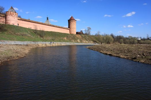 monastery, wall, fortress, river, small, coast, religion, christianity, bridge, strengthening, fort, red, brick, old, ancient, museum, tower, loopholes, sky, clouds, spring