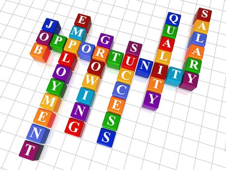 3d colour cubes crossword - job; opportunity; employment; success, growing; quality, salary