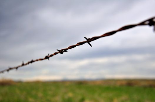 A barbed wire fence stretches out across the sky with a field in the distance.