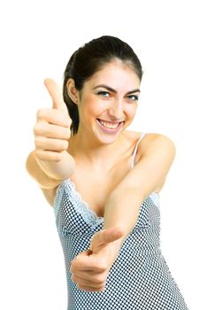pretty girl with her thumbs up against white background
