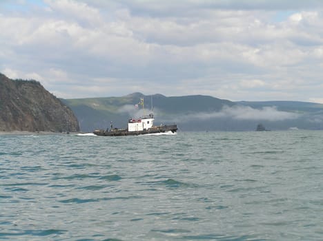 Landscapes of Sakhalin, the ship in the sea