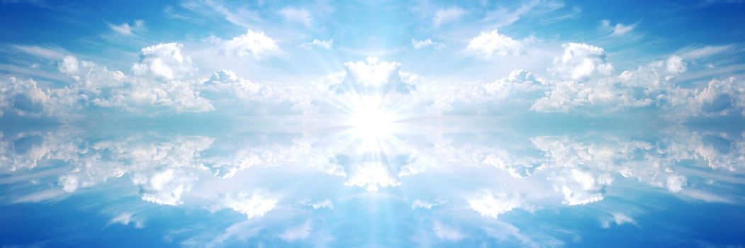 Beautiful banner/ header of blue sky and clouds with sun in center.