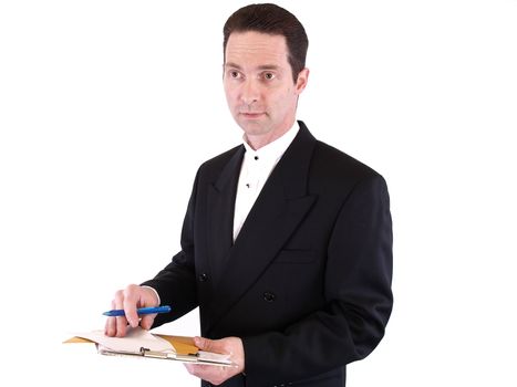 Adult male in a suit holding a clipboard with envelopes and a pen. Isolated on a white background.