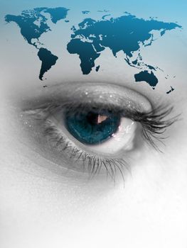 Montage of a pretty color isolated eye with the world continents.  This works for a variety of concepts from travel, to business, or even environmental issues.