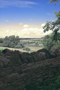 typical english landscape with medieval drystone wall in Oxfordshire