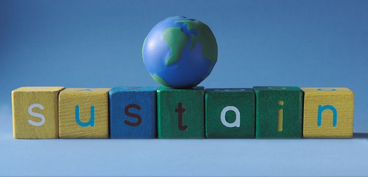 the word 'sustain' with a simple globe on top