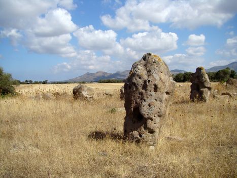 Standin stones in countryside in Sardinia