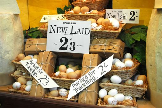 english eggs for sale in an old fashioned store window