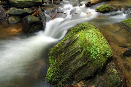 a section of a creek flowing between moss covered rocks.