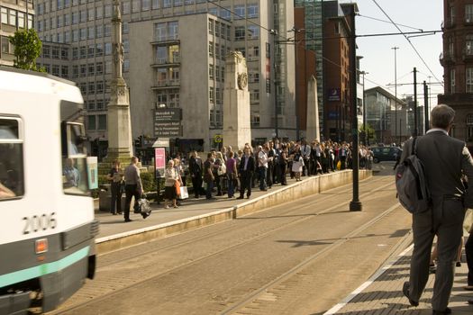 Metrolink tramway arriving at St Peter Square, Manchester,UK