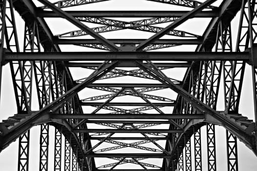Abstract shot of metal construction of an old truss bridge ('Alte Harburger Elbbrücke') in Hamburg, Germany, built in 1899.