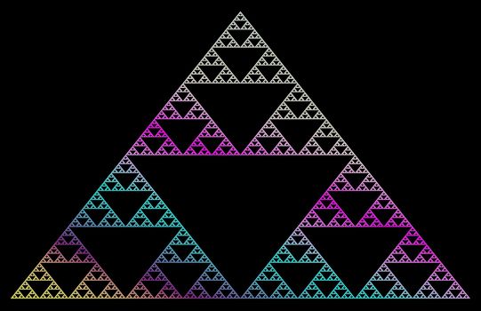 Sierpinski fractal in rainbow colors isolated over black