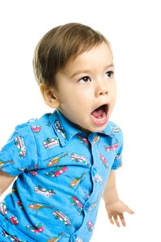 portrait of a displeased screaming three year old boy 