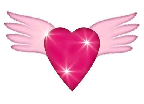the red heart with the pink wings and glares on the white background, drawing