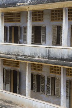 The former school that was turned into the dreaded prison and torture chamber Toul Sleng during the reign of Pol Pot. This photo shows the old classrooms that were turned into torture chambers. 