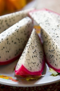 Close up of ready-to-serve pieces of dragon fruit. 
