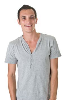 Casual portrait of a young man smiling, over white background.