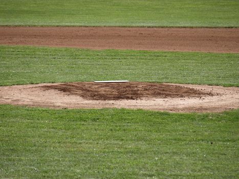 A closeup view of a pitcher's mound on a  baseball field