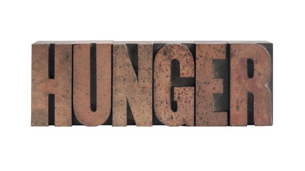 the word 'hunger' in old, ink-stained wood type