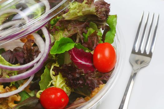 Bistro salad in container with fork.