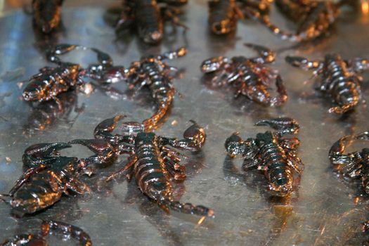 A selection of fried scorpions which are being eaten in Thailand