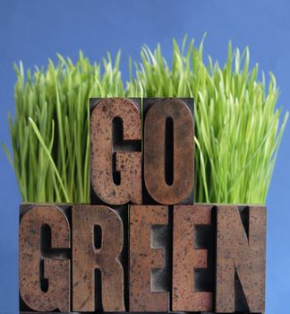 the words 'go green' in letterpress wood letters against fresh green grass