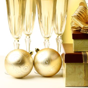 holiday card golden champagne and gift