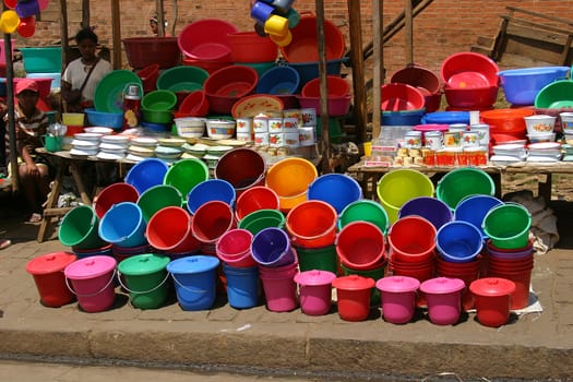 Colorful new buckets for sale at a market in Madagascar