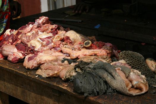 Butchers meat for sale at a market in madagascar