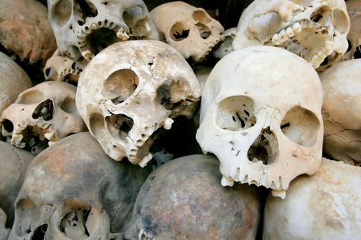 A pile of skulls from the Killing Fields in Phnom Penh, Cambodia.
