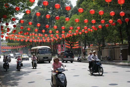 The streets of Saigon with festive balloons