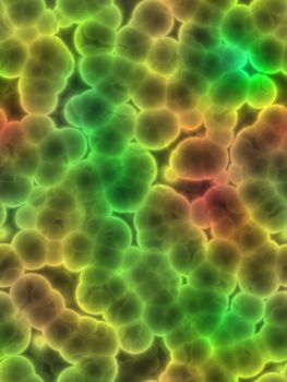 A very realistic looking illustration of some 3d cells, all clustered together.  Great to depict bacteria, viruses, or other cellular life.  This image tiles seamlessly as a pattern.