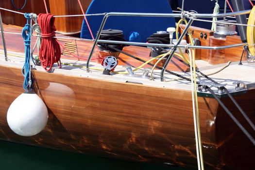 ropes and deck details  from luxury sail yacht at marina