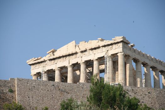 under view of parthenon and total blue sky landmarks of athens greece