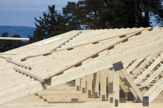 Construction of an architect-drawn private house, the beams of the roof are finally up.