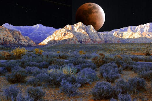 Digitally enhanced desert scene at night with lit up mountains and desert vegetation.