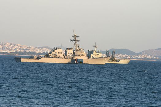 two war ship in saronic gulf greece horizontal