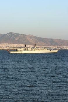 war ship in saronic gulf greece vertical