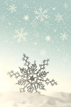 Sparkling snowflake in the snow with white background