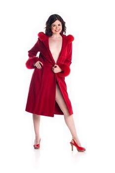 cute girl in pin-up pose in red coat