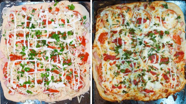 pizza before and after bake, from two shots