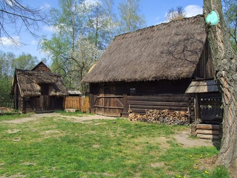 Old wooden hut in village, green grass around