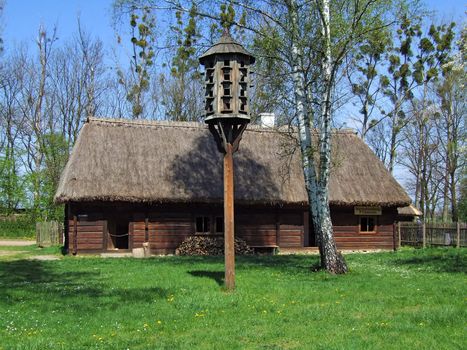 Old wooden hut in village, green grass around