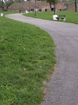 Pedestrian walkway in old Belgrade fortres of Kalamagdan in spring.