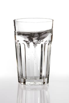 A glass of water on a reflective surface