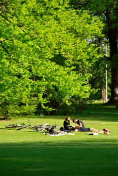 Group of friends having rest in the park