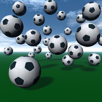 Soccer balls on green 3D rendering.